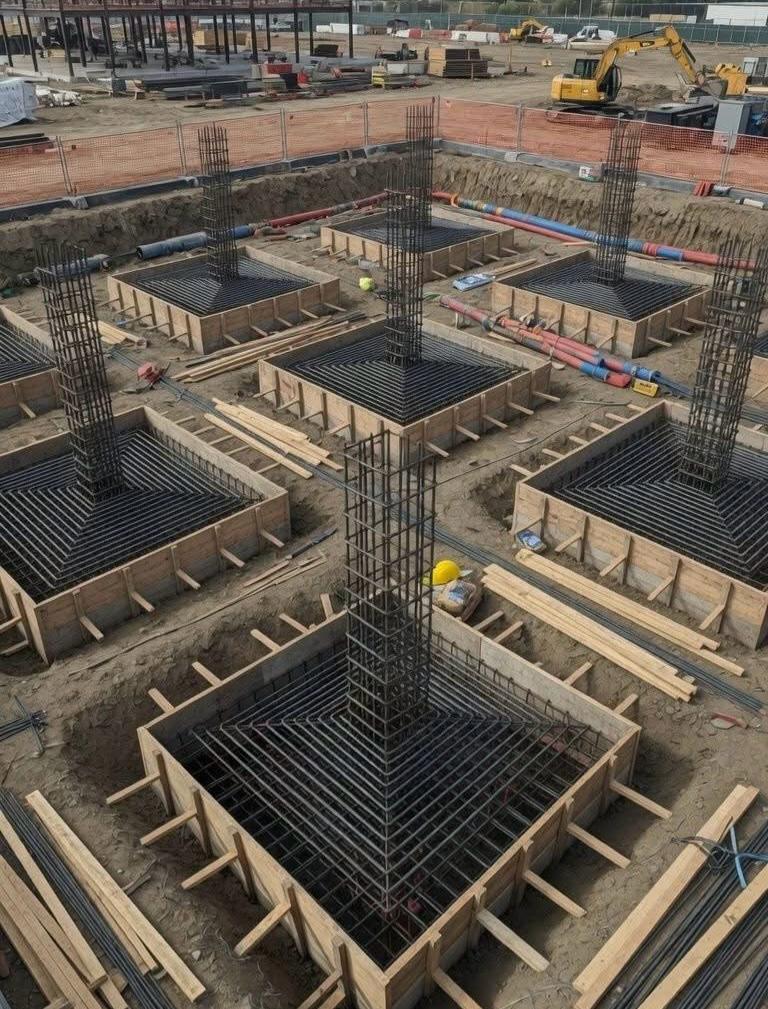 Multiple reinforced column foundations on a construction site